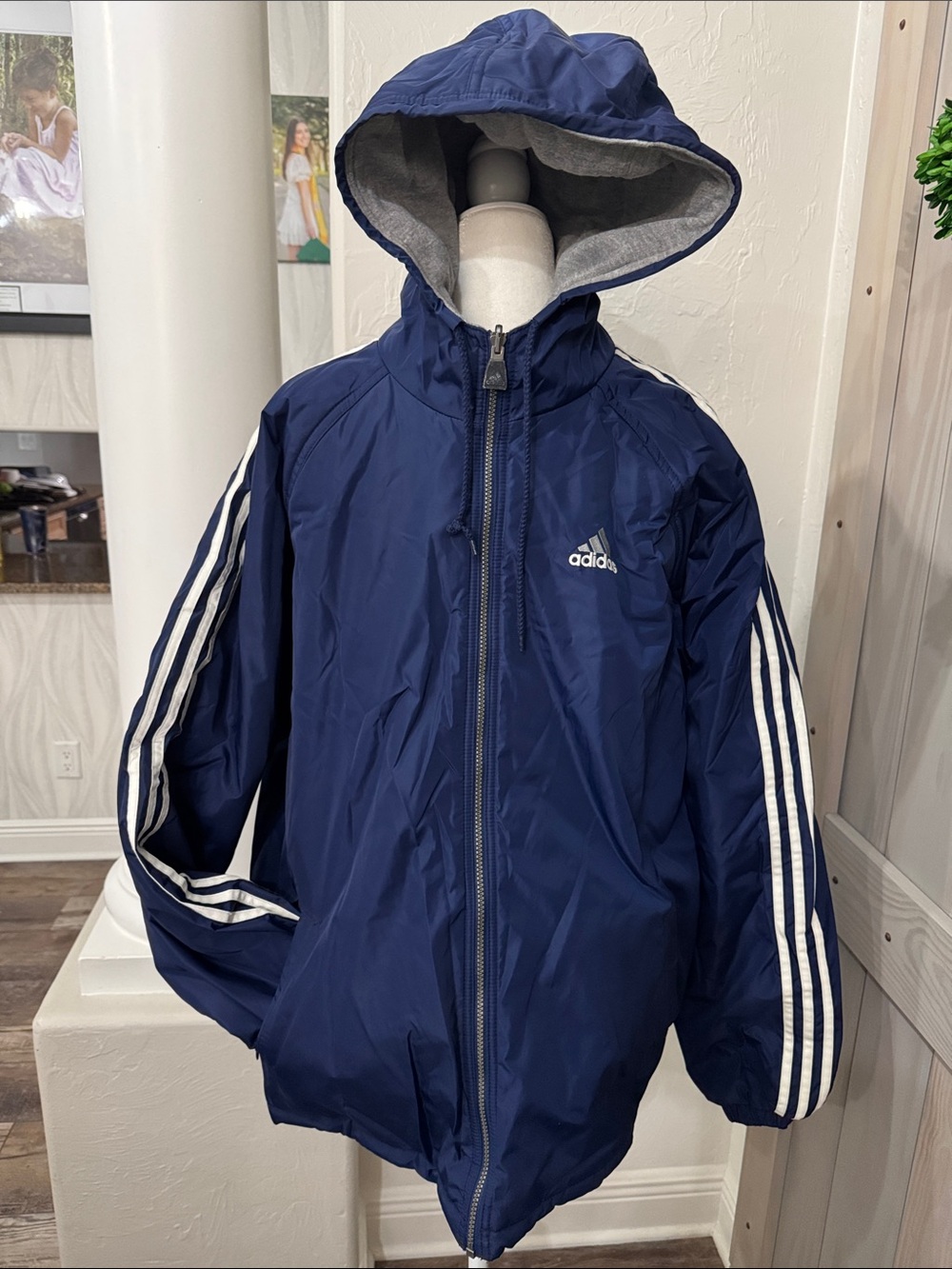adidas Navy Hooded Windbreaker with White Stripe Sleeves